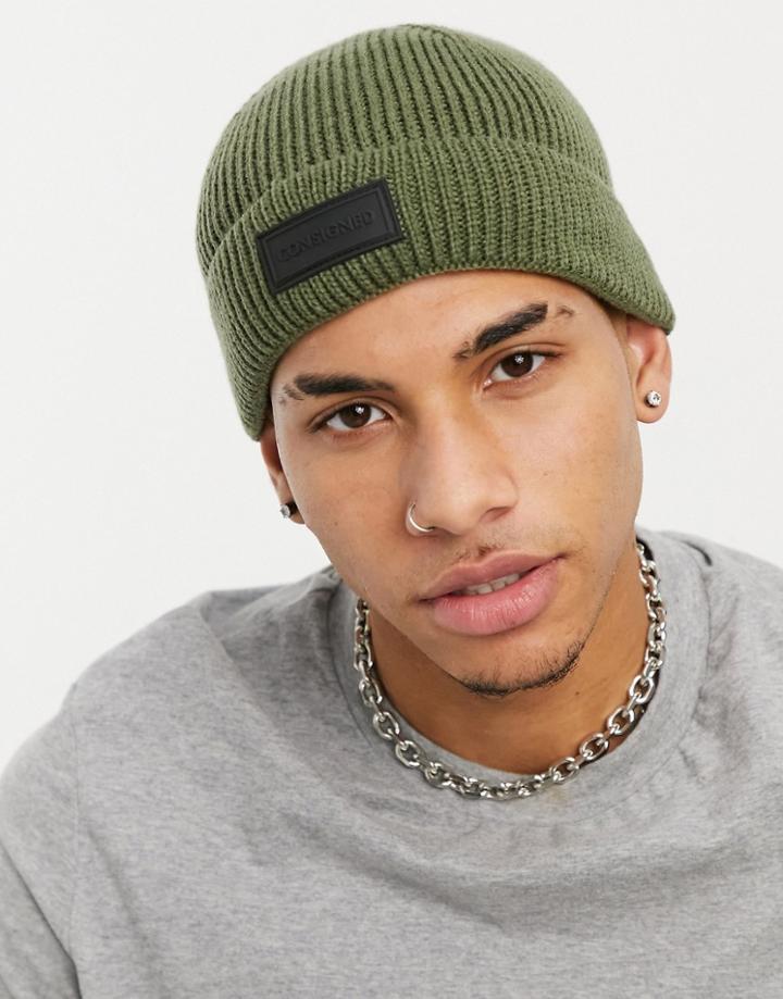 Consigned Fisherman Beanie In Khaki-green