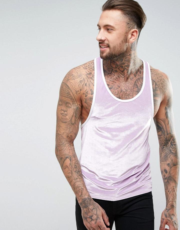 Asos Tank With Extreme Racer Back In Pastel Purple Velour With Binding - Purple