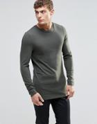 Asos Longline Muscle Long Sleeve T-shirt In Khaki - Khaki