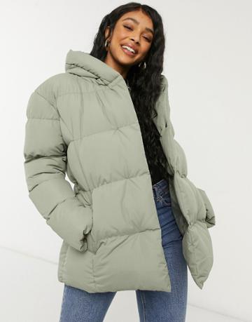 Threadbare Stanley Belted Puffer Coat With Hood-green