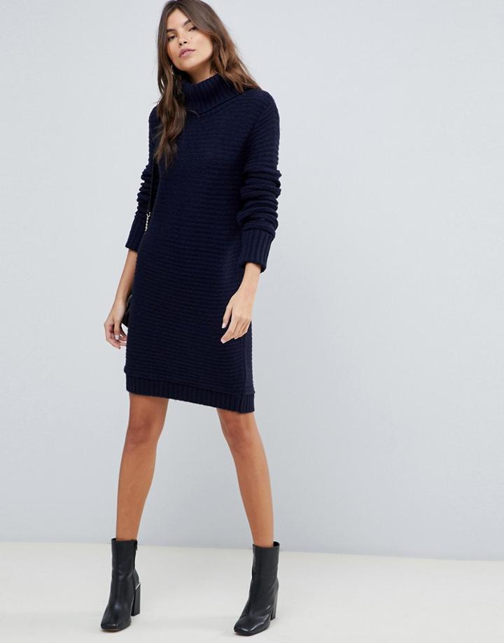 Asos Design Sweater Dress With Roll Neck In Ripple Stitch - Navy