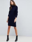 Asos Design Sweater Dress With Roll Neck In Ripple Stitch - Navy