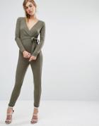Parallel Lines Knitted Jumpsuit With Ballet Wrap Front - Green