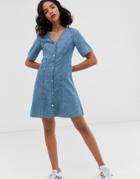 Monki Denim V-neck Short Sleeve Mini Dress In Blue - Blue