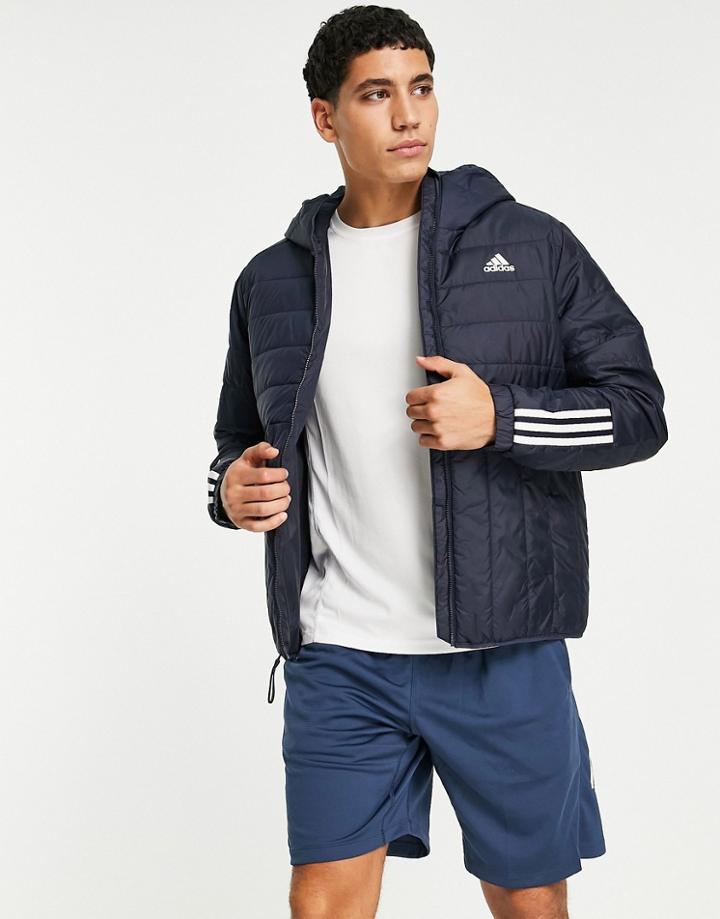 Adidas Outdoor Itavic 3 Stripe Hooded Puffer Jacket In Navy