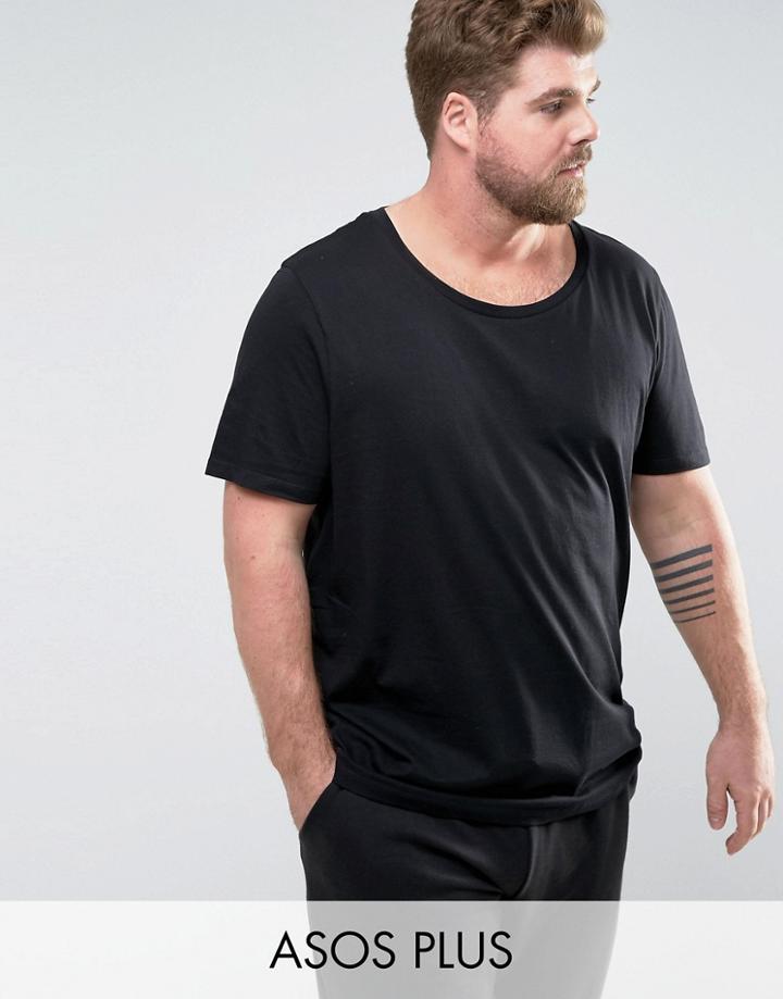 Asos Plus Longline T-shirt With Scoop Neck In Black - Black