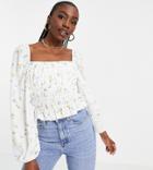 Asos Design Tall Square Neck Shirred Waist Long Sleeve Top In Floral-multi