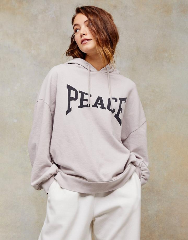 Topshop Peace Print Hoodie In Gray-grey