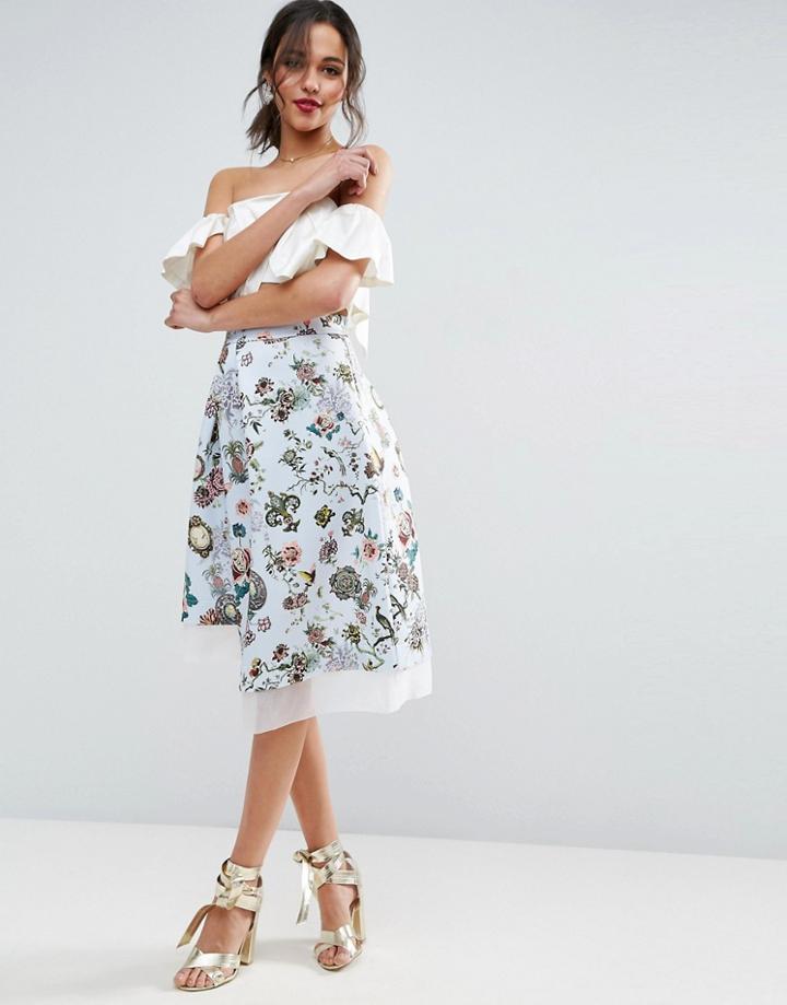 Asos Scuba Prom Skirt With Asymmetric Organza Trim In Print - Multi