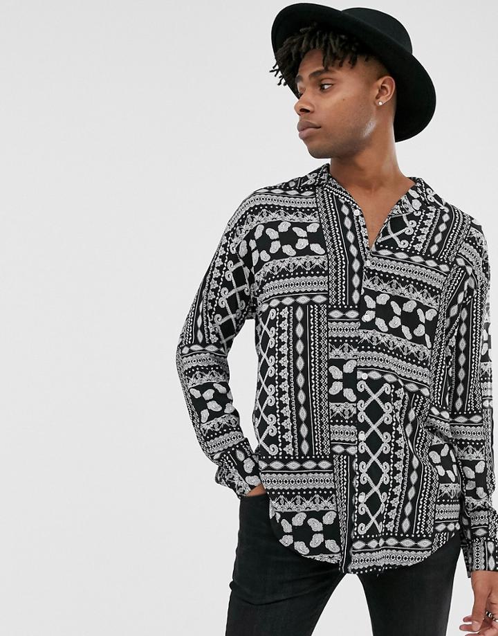 Asos Design Longline Oversized Shirt In Paisley - Black