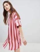 Monki Stripe Button Through Shirt Dress - Pink