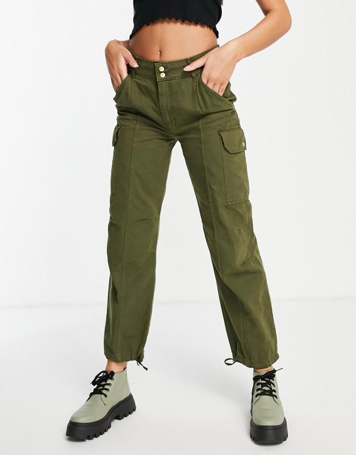 Pull & Bear Straight Leg Cropped Cargo Pants In Khaki-green