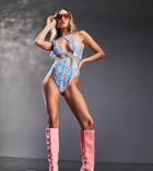 Asyou Heart Trim One Shoulder Cut-out Swimsuit In Multicolor Zebra