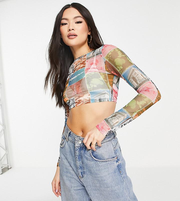 Asyou Mesh Printed Crop Tee In Postcard Print-multi