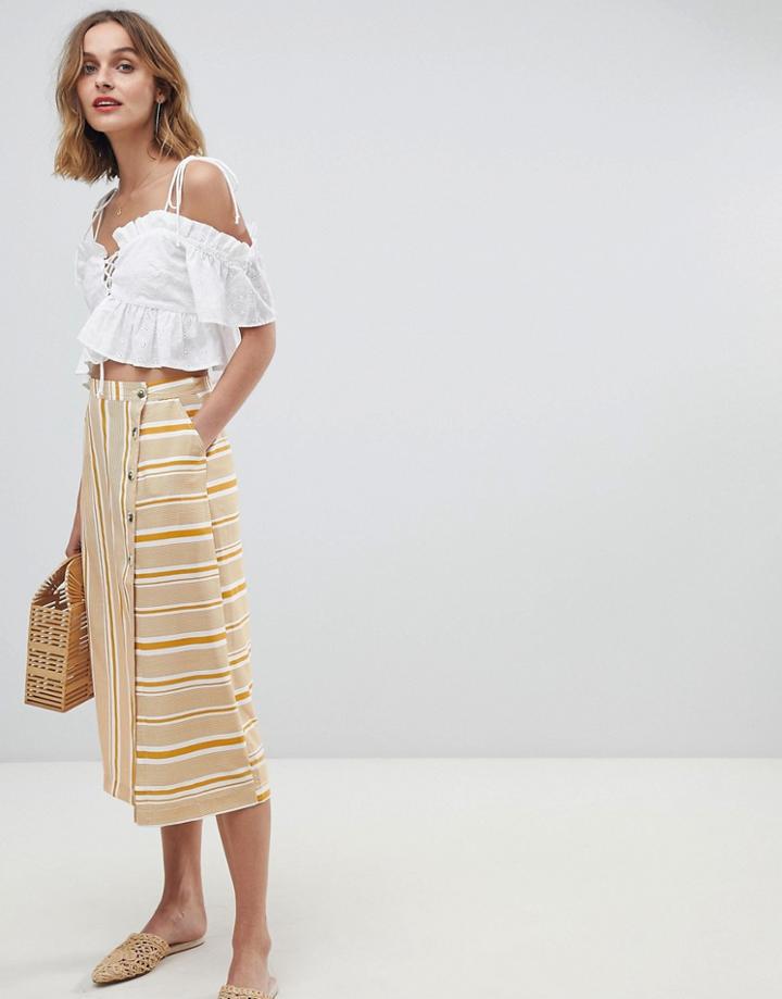 Neon Rose Button Midi Skirt In Vintage Stripe - Yellow