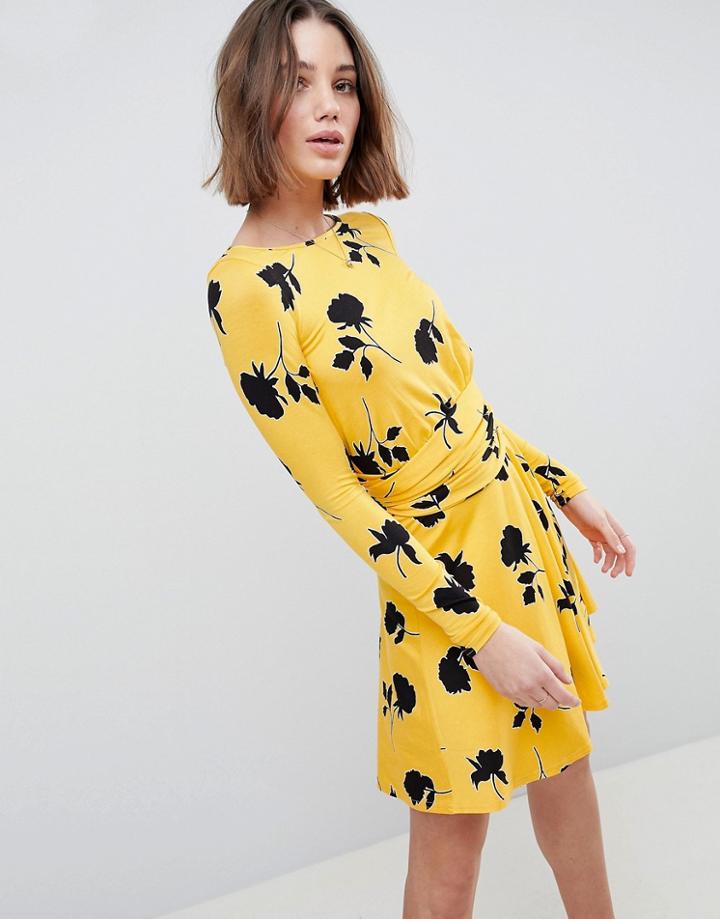 Asos Design Skater Dress With Wrap Belt In Shadow Print - Multi