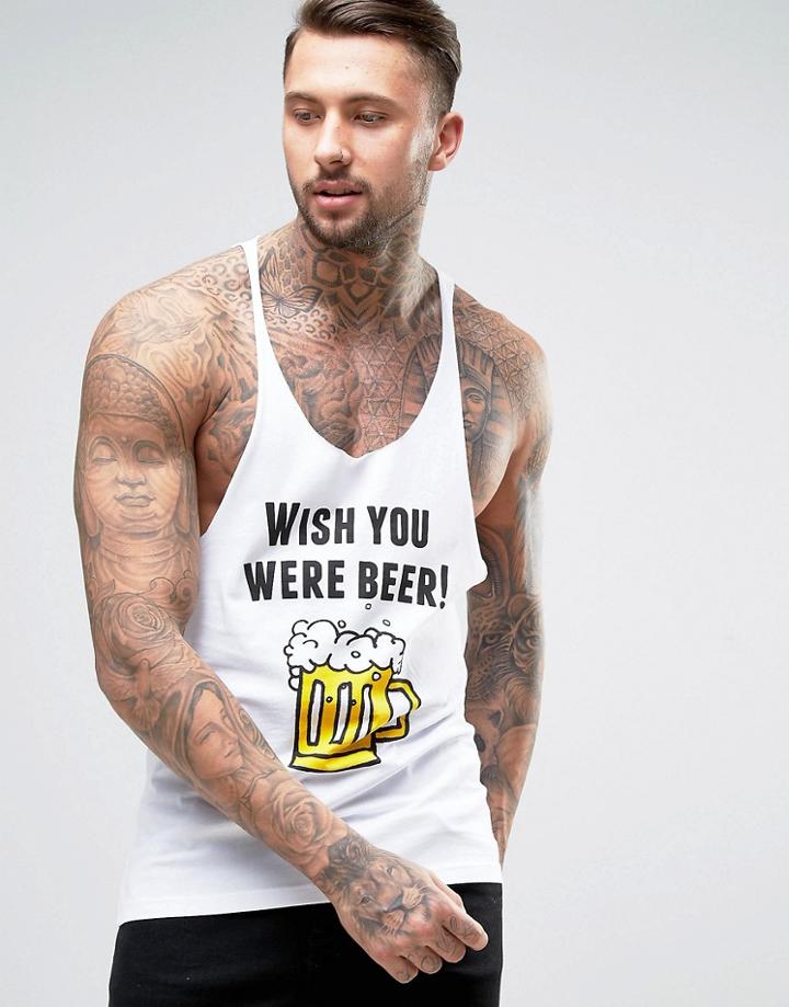 Asos Extreme Racer Back Tank With Raw Edge And Wish You Were Beer Print - White