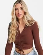 Miss Selfridge Long Sleeve Ruched Front Collar Detail Top In Chocolate-multi