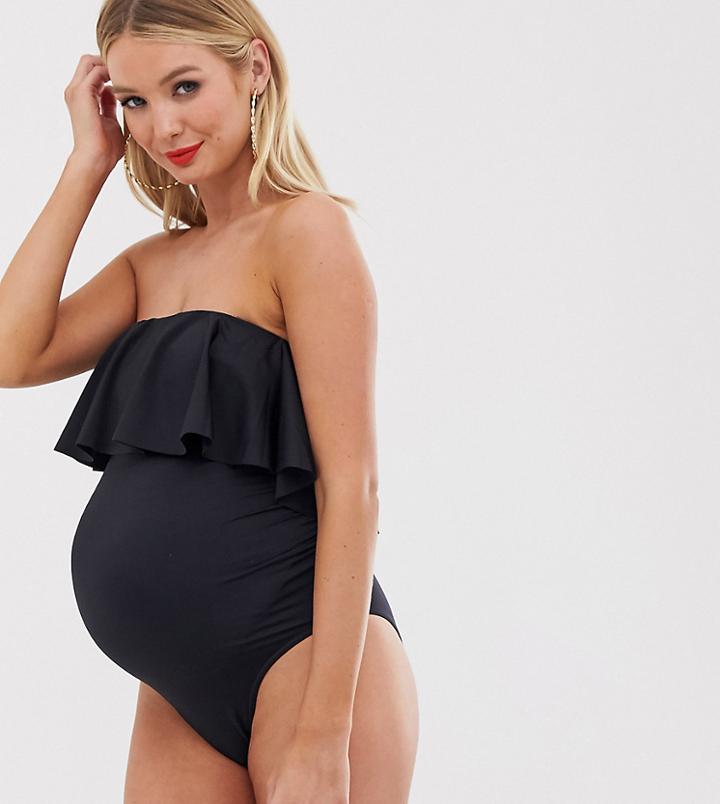Asos Design Recycled Maternity Bandeau Minimal Frill Swimsuit In Black - Black
