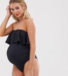 Asos Design Recycled Maternity Bandeau Minimal Frill Swimsuit In Black - Black