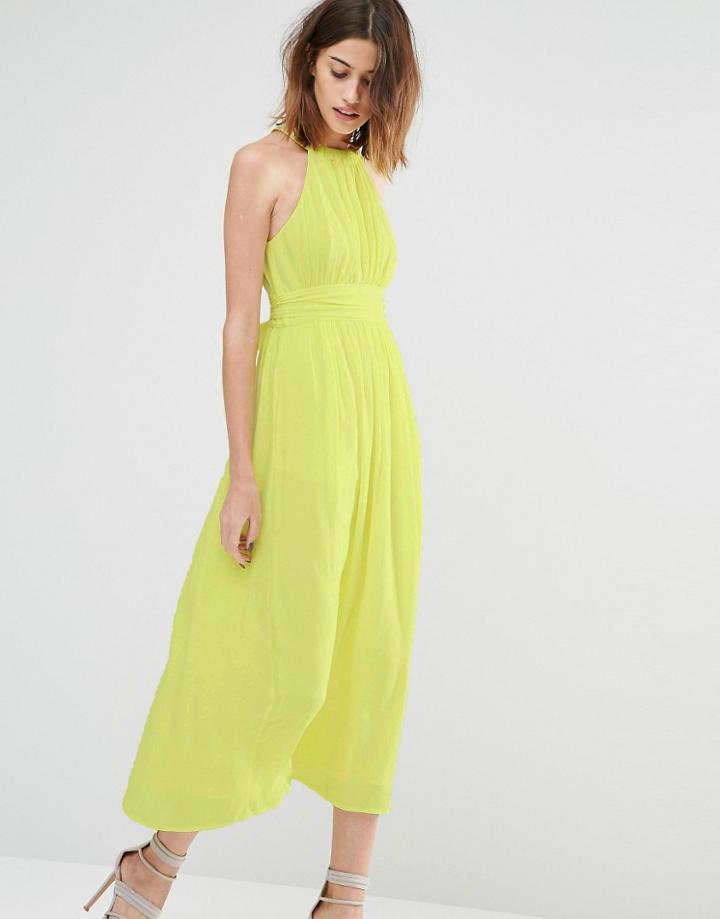 Warehouse Tie Waist Pleated Top Midi Dress - Yellow