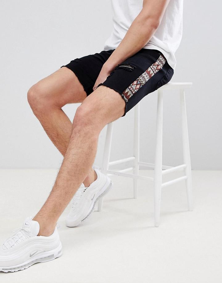 Boohooman Skinny Fit Shorts With Geo-tribal Detail In Black - Black