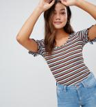 Miss Selfridge Wide Scoop Neck Ruffle Sleeve T-shirt In Stripe-multi