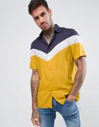 Asos Design Regular Fit Cut And Sew Shirt In Mustard With Blue And White Panel - Yellow