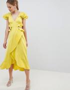 Asos Design Ruffle Midi Dress In Rippled Satin With Cut Out Back - Yellow