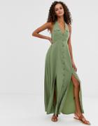 Asos Design Button Through Halter Neck Maxi Dress - Green