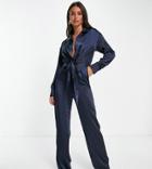 4th & Reckless Tall Tie Front Detail Satin Wide Leg Jumpsuit In Navy