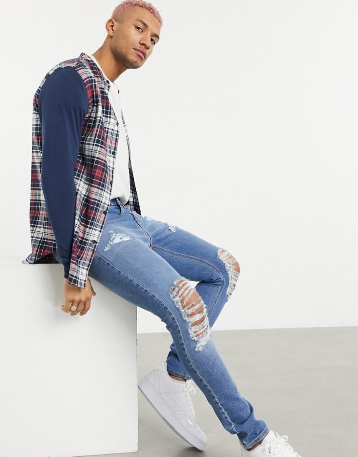 Siksilk Flannel Check Grandpa Collar Shirt With Contrast Arm-navy