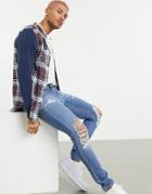 Siksilk Flannel Check Grandpa Collar Shirt With Contrast Arm-navy