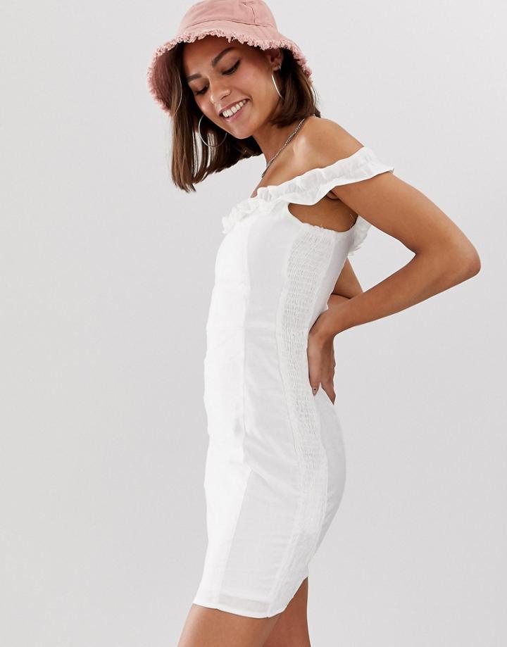 Bershka Frilled Detail Bardot Mini Dress In White