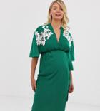 Hope & Ivy Maternity Wrap Front Midi Dress With Thigh Split And Embellished Shoulder In Green