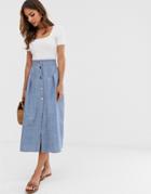 Asos Design Seamed Chambray Midi Skirt With Gold Buttons-blue