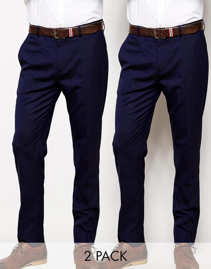 Asos 2 Pack Basic Smart Pants In Skinny Fit Save 17% - Navy