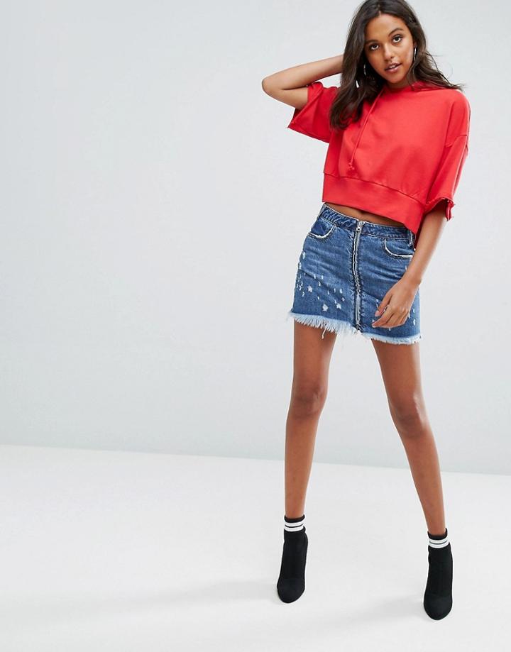 Missguided Zip Up Mini Distressed Denim Skirt - Blue