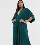 Asos Design Curve Exclusive Pleated Slinky Kimono Midi Dress-green
