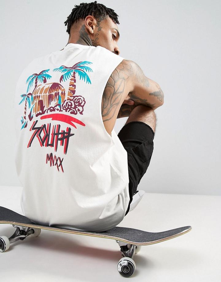 Asos Sleeveless T-shirt With Dropped Armhole And Palm Back Print - White