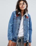 Santa Cruz Oversized Sherpa Lined Denim Jacket With Rose Applique - Blue