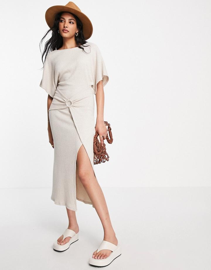 Asos Design Short Sleeve Ribbed Midi Dress With Ring Detail In Cream-neutral