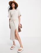 Asos Design Short Sleeve Ribbed Midi Dress With Ring Detail In Cream-neutral