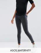 Asos Maternity Ridley Skinny Jean In Washed Black With Zip Hem With Under The Bump Waistband - Black