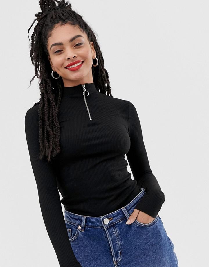 New Look High Neck Zip Up Top In Black - Black