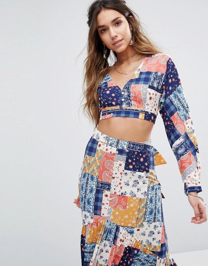 Kiss The Sky Long Sleeve Crop Top With Tie Back Co-ord - Multi