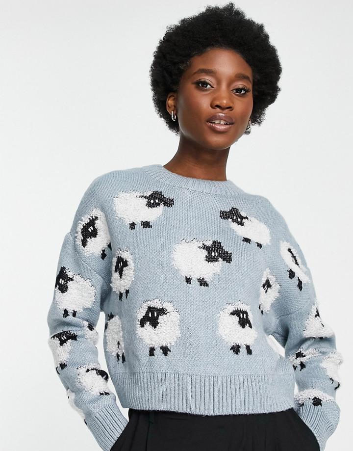 Stradivarius Pattern Sweater With Sheep Motif In Blue-blues