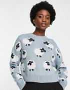Stradivarius Pattern Sweater With Sheep Motif In Blue-blues