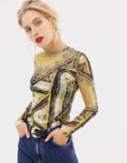 Stradivarius Scarf Print Long Sleeved Mesh Top - Multi