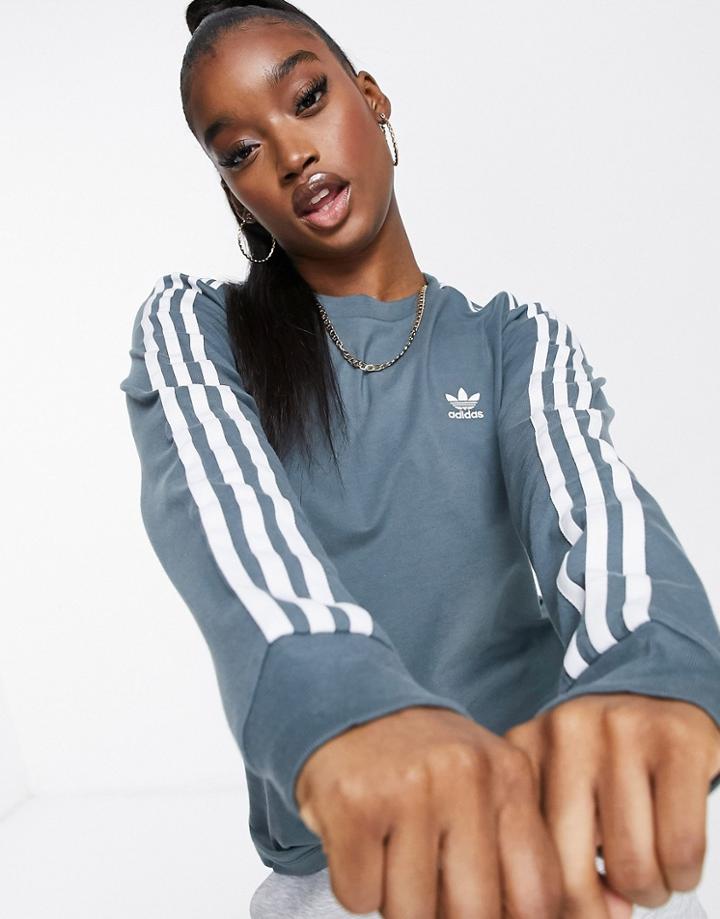 Adidas Originals Adicolor Three Stripe Long Sleeve T-shirt In Blue Oxide-blues